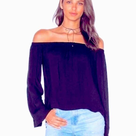 Cloth & Stone Homestead off the Shoulder Blouse Top Navy Blue Long Sleeve - Picture 1 of 10